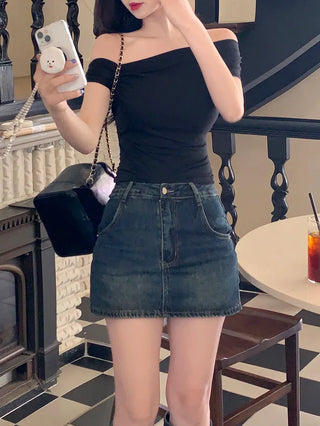 Off-shoulder shirred slit T-shirt (4 colors)