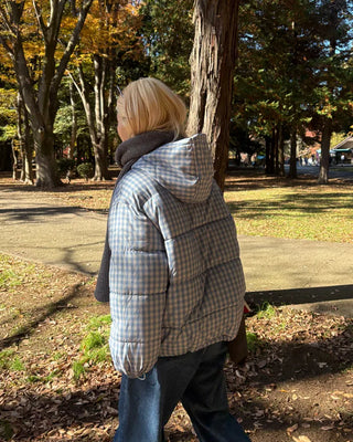 Gingham check hooded faux down jacket