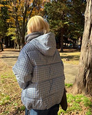 Gingham check hooded faux down jacket