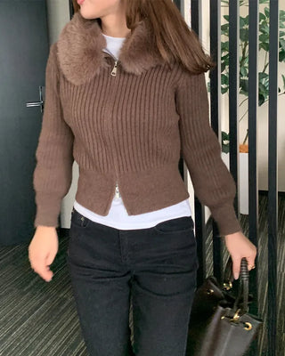 Fur collar knit cardigan