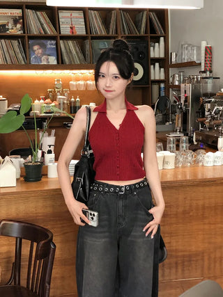 Twist knit cropped halter neck