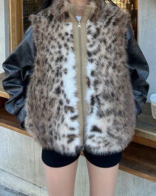 Leopard Fur High Neck Reversible Double Zip Vest