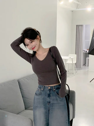 [6 colors] Slim V-neck long-sleeve T-shirt