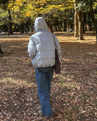 Gingham check hooded faux down jacket