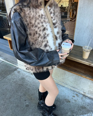 Leopard Fur High Neck Reversible Double Zip Vest