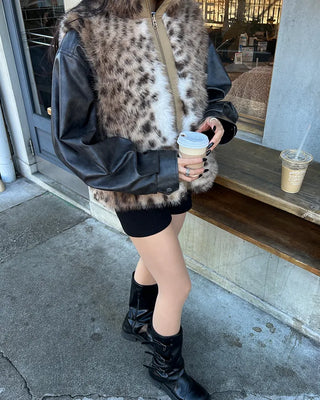 Leopard Fur High Neck Reversible Double Zip Vest
