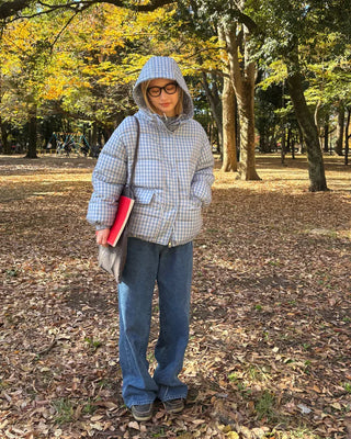 Gingham check hooded faux down jacket