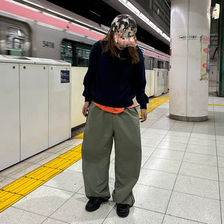 Unisex two-tone wide-leg elastic waist pants