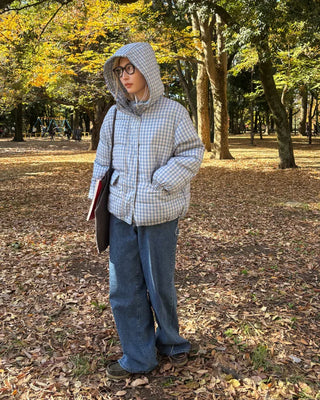 Gingham check hooded faux down jacket