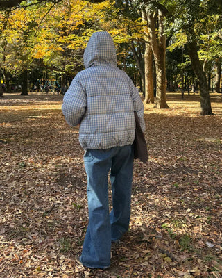 Gingham check hooded faux down jacket