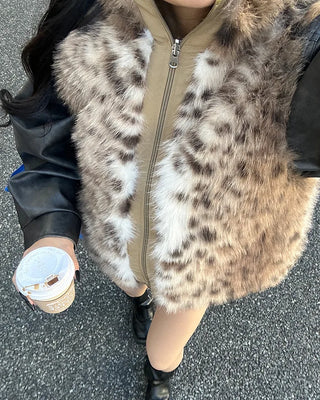 Leopard Fur High Neck Reversible Double Zip Vest