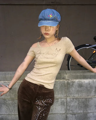 Ribbon Shoulder Butterfly Cap Ribbed T-Shirt