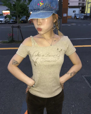 Ribbon Shoulder Butterfly Cap Ribbed T-Shirt