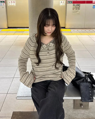 Striped button-down off-shoulder T-shirt