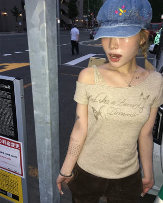 Ribbon Shoulder Butterfly Cap Ribbed T-Shirt