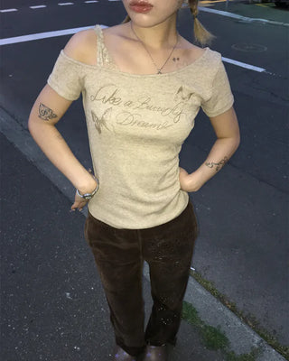 Ribbon Shoulder Butterfly Cap Ribbed T-Shirt