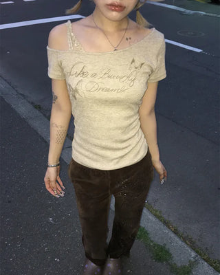 Ribbon Shoulder Butterfly Cap Ribbed T-Shirt