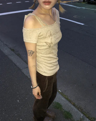 Ribbon Shoulder Butterfly Cap Ribbed T-Shirt
