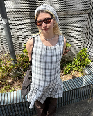 Scarf set check seersucker mini dress