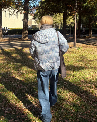 Gingham check hooded faux down jacket
