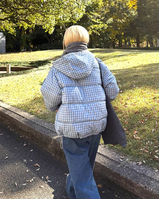 Gingham check hooded faux down jacket