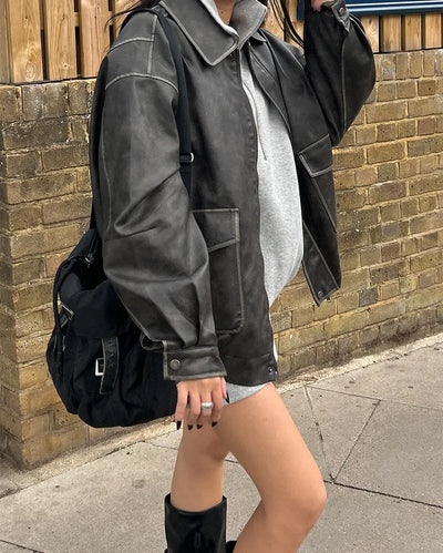 Vintage Washed Flap Pocket Leather Blouson