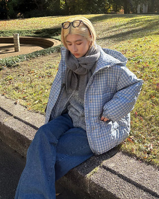 Gingham check hooded faux down jacket