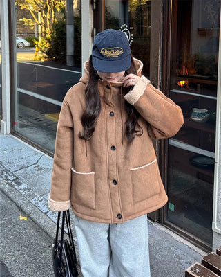 Suede hooded sheepskin jacket