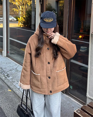 Suede hooded sheepskin jacket