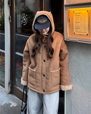 Suede hooded sheepskin jacket
