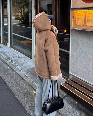 Suede hooded sheepskin jacket