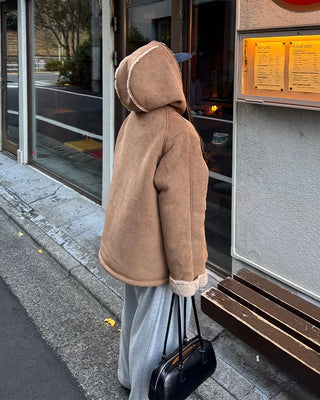 Suede hooded sheepskin jacket