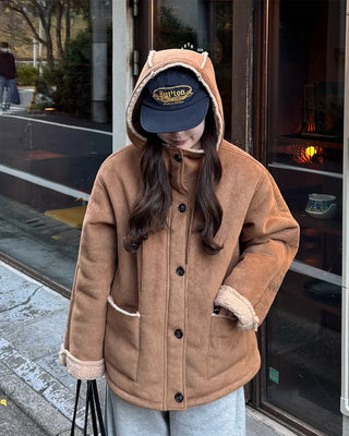 Suede hooded sheepskin jacket