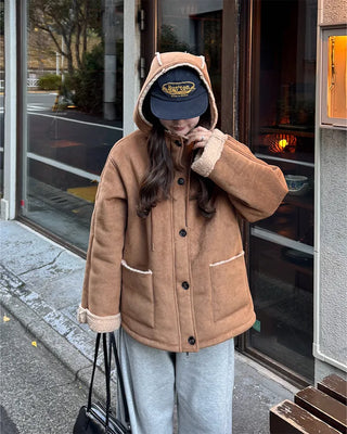 Suede hooded sheepskin jacket
