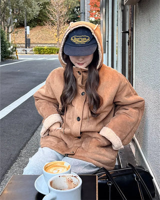 Suede hooded sheepskin jacket