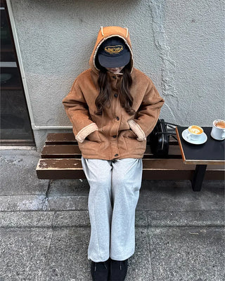 Suede hooded sheepskin jacket