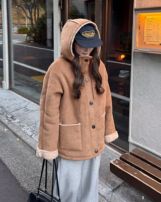 Suede hooded sheepskin jacket