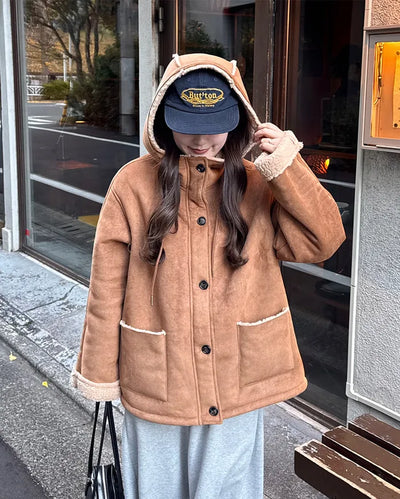 Suede hooded sheepskin jacket
