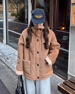 Suede hooded sheepskin jacket