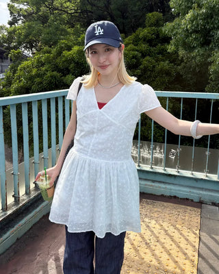 Flower Punching Cap Sleeve Peplum Tunic
