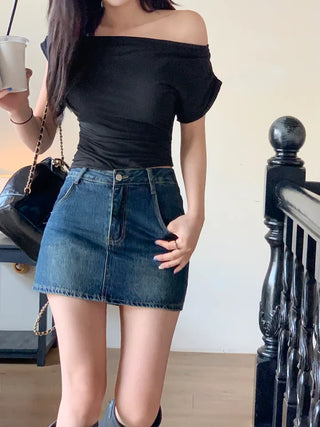 Off-shoulder shirred slit T-shirt (4 colors)