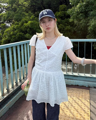 Flower Punching Cap Sleeve Peplum Tunic