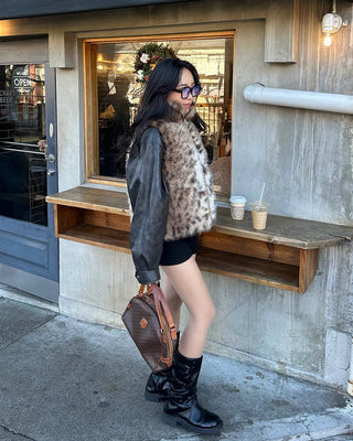Leopard Fur High Neck Reversible Double Zip Vest