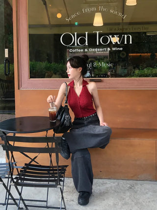Twist knit cropped halter neck