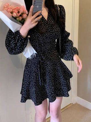 Shoulder padded polka dot wrap dress (2 colors)
