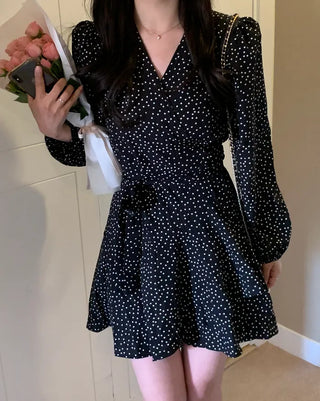 Shoulder padded polka dot wrap dress (2 colors)