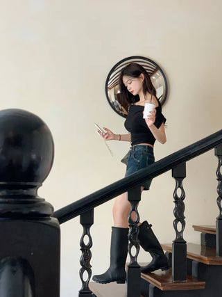 Off-shoulder shirred slit T-shirt (4 colors)