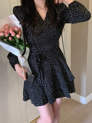 Shoulder padded polka dot wrap dress (2 colors)