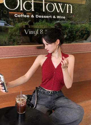Twist knit cropped halter neck