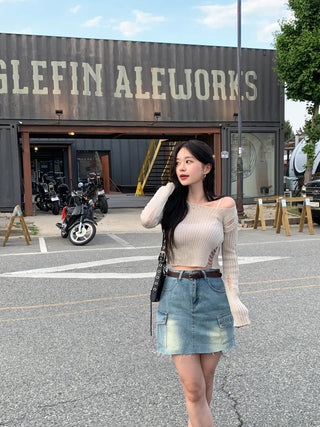 Summer distressed boat neck cropped knit (5 colors)